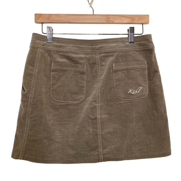 Kuhl Streamline Corduroy Snap Front Mini Skirt Gray Women’s Size 4 Pockets Logo - Picture 2 of 11